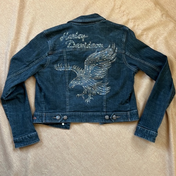 Harley-Davidson Jackets & Blazers - Vintage Harley Davidson Denim Jean Jacket Bling Eagle Bomber Crop Size Medium